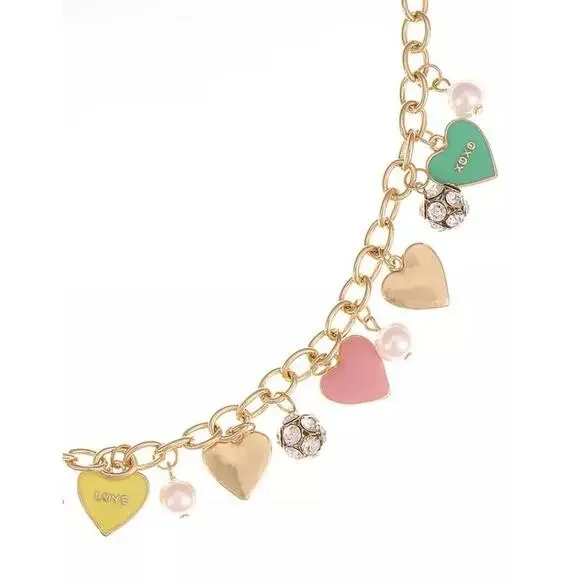 Gold Tone Heart Charm Necklace Crystal Faux Pearl Trendy Fashion Chic Style NWT - Picture 6 of 8